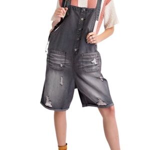 easel Washed Black Distressed Denim Short Overalls